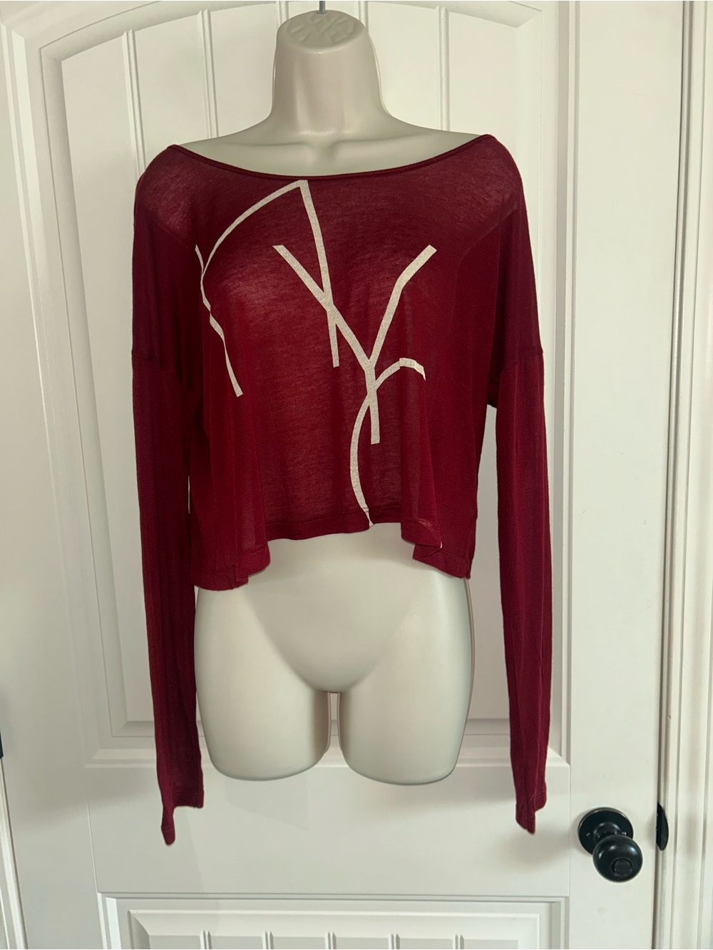 Michele Burgundy Sheer Long-Sleeve Graphic NYC Crop Top Sz S